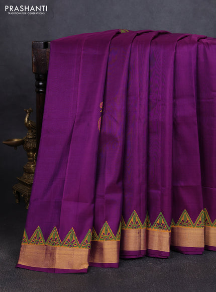 Uppada block printed silk saree purple with peacock butta prints and zari woven border