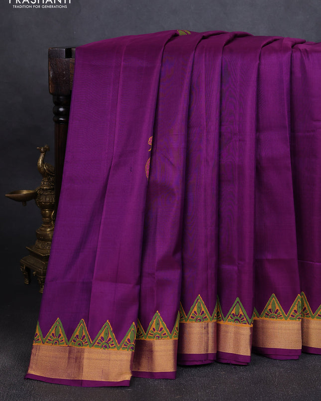 Uppada block printed silk saree purple with peacock butta prints and zari woven border