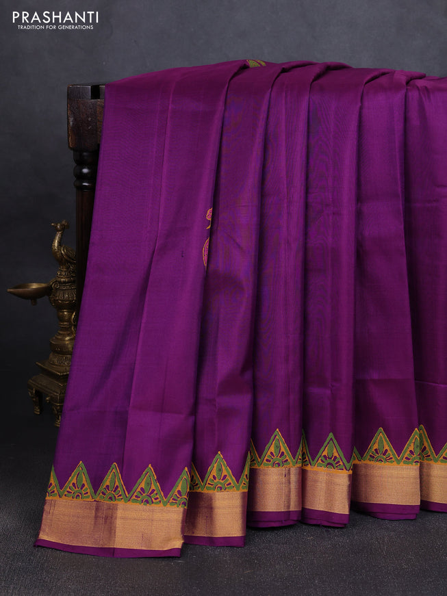 Uppada block printed silk saree purple with peacock butta prints and zari woven border