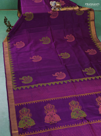 Uppada block printed silk saree purple with peacock butta prints and zari woven border