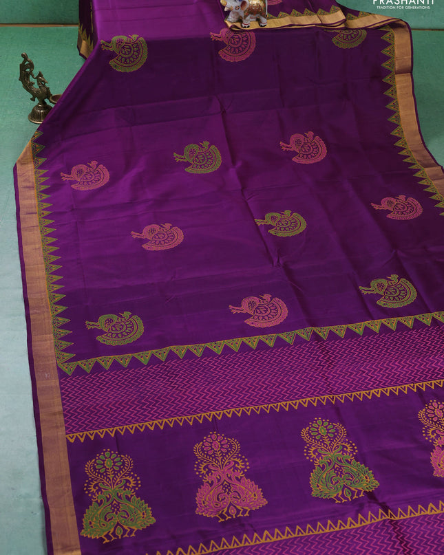 Uppada block printed silk saree purple with peacock butta prints and zari woven border