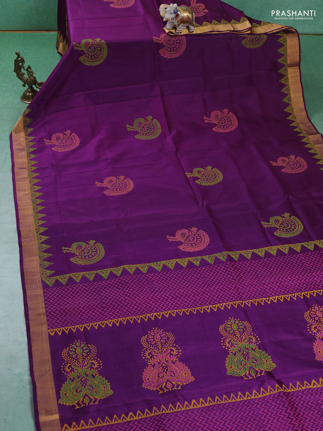 Uppada block printed silk saree purple with peacock butta prints and zari woven border