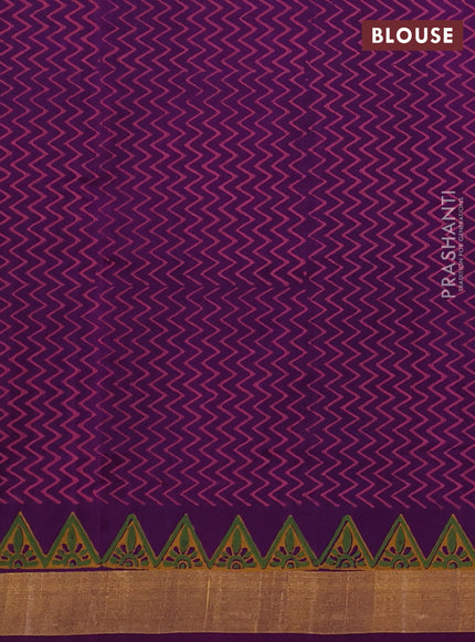 Uppada block printed silk saree purple with peacock butta prints and zari woven border