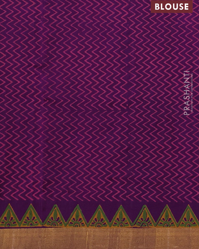 Uppada block printed silk saree purple with peacock butta prints and zari woven border