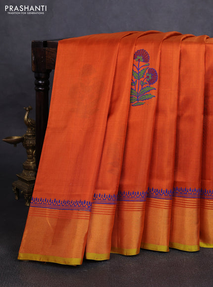 Uppada block printed silk saree rustic orange and dual tone musatrd green with floral butta prints and zari woven border