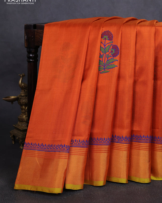 Uppada block printed silk saree rustic orange and dual tone musatrd green with floral butta prints and zari woven border