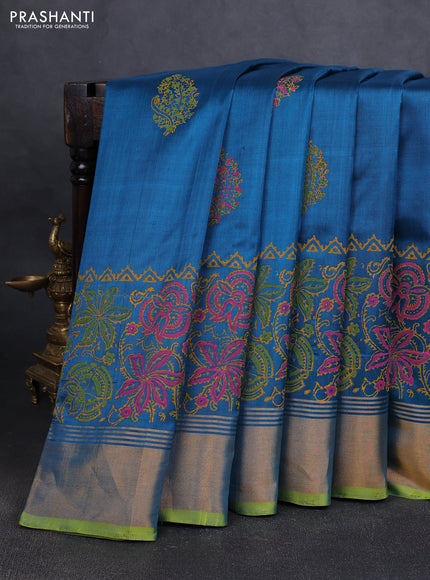 Uppada block printed silk saree peacock green and light green with butta prints and long printed zari woven border