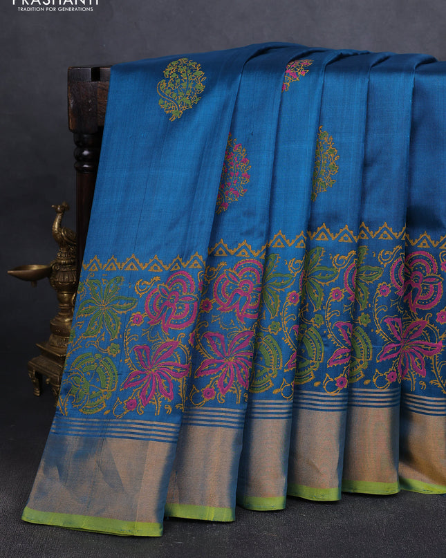 Uppada block printed silk saree peacock green and light green with butta prints and long printed zari woven border