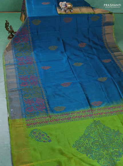 Uppada block printed silk saree peacock green and light green with butta prints and long printed zari woven border