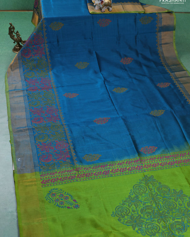 Uppada block printed silk saree peacock green and light green with butta prints and long printed zari woven border