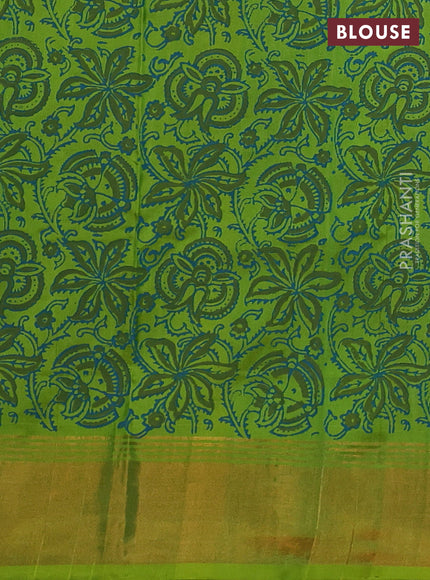 Uppada block printed silk saree peacock green and light green with butta prints and long printed zari woven border
