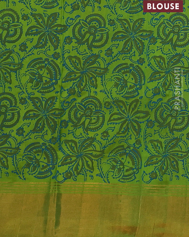 Uppada block printed silk saree peacock green and light green with butta prints and long printed zari woven border
