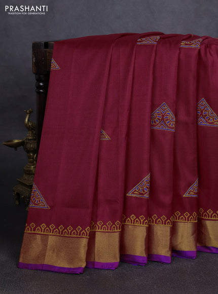 Uppada block printed silk saree maroon and blue with butta prints and zari woven border
