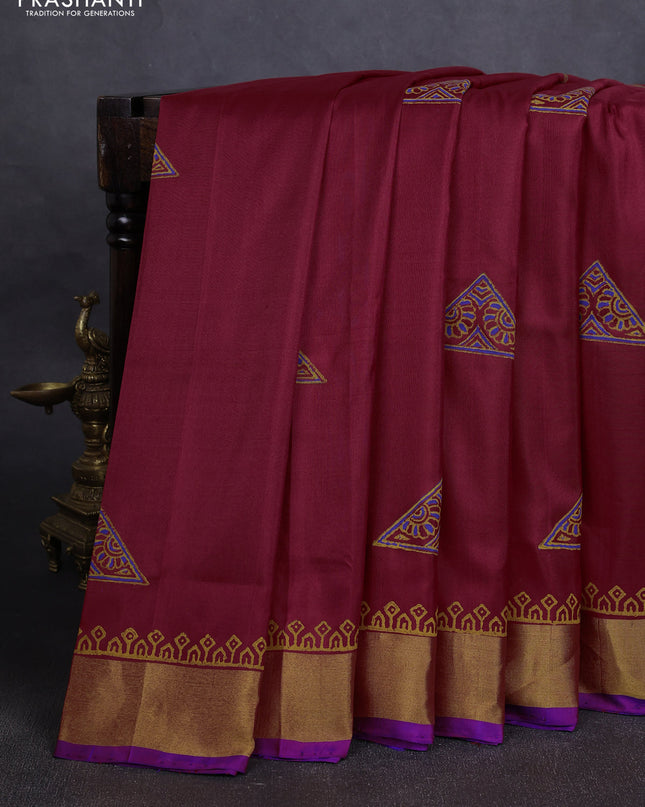 Uppada block printed silk saree maroon and blue with butta prints and zari woven border