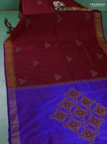 Uppada block printed silk saree maroon and blue with butta prints and zari woven border