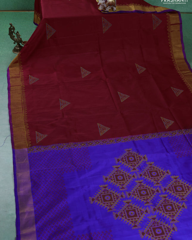 Uppada block printed silk saree maroon and blue with butta prints and zari woven border