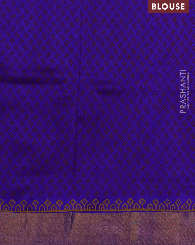 Uppada block printed silk saree maroon and blue with butta prints and zari woven border