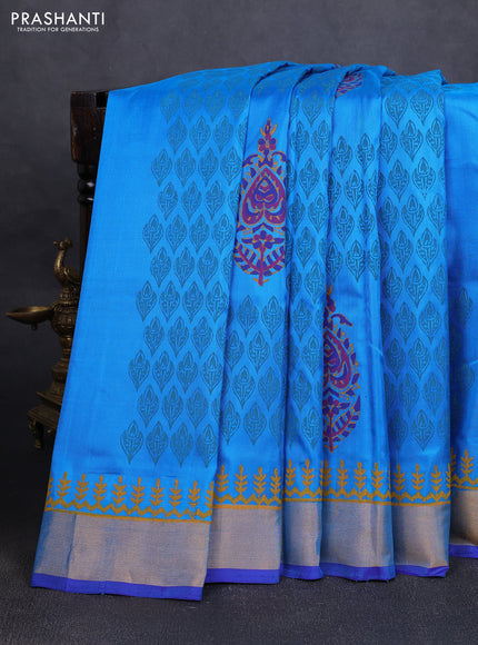 Uppada block printed silk saree cs blue and blue with allover butta prints and zari woven border