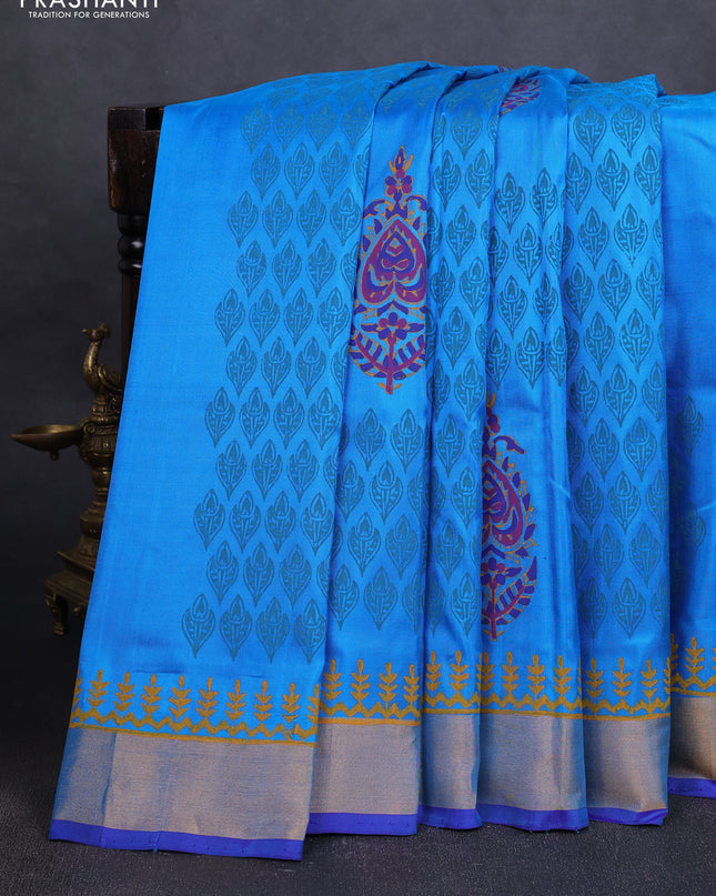 Uppada block printed silk saree cs blue and blue with allover butta prints and zari woven border