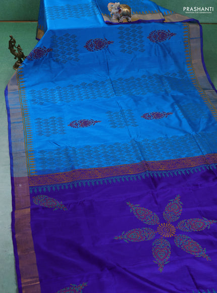 Uppada block printed silk saree cs blue and blue with allover butta prints and zari woven border