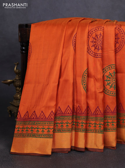 Uppada block printed silk saree rustic orange and coffee brown with warli butta prints and zari woven border