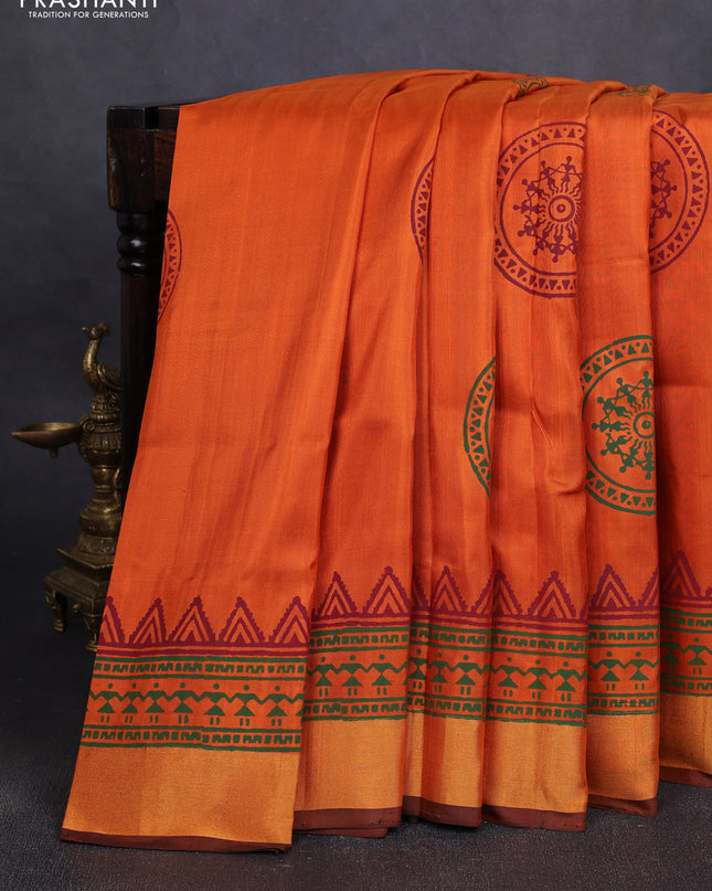 Uppada block printed silk saree rustic orange and coffee brown with warli butta prints and zari woven border