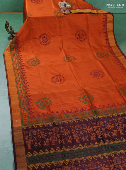 Uppada block printed silk saree rustic orange and coffee brown with warli butta prints and zari woven border
