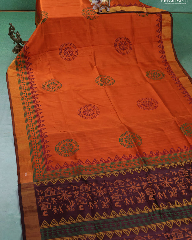 Uppada block printed silk saree rustic orange and coffee brown with warli butta prints and zari woven border