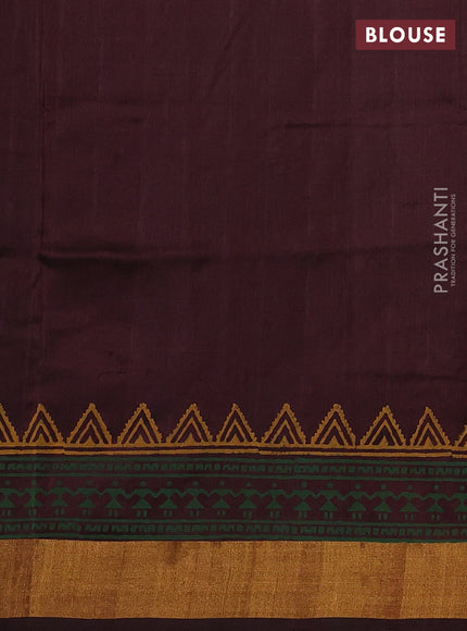 Uppada block printed silk saree rustic orange and coffee brown with warli butta prints and zari woven border