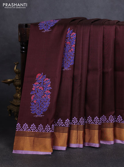 Uppada block printed silk saree coffee brown and lavender with floral butta prints and zari woven border