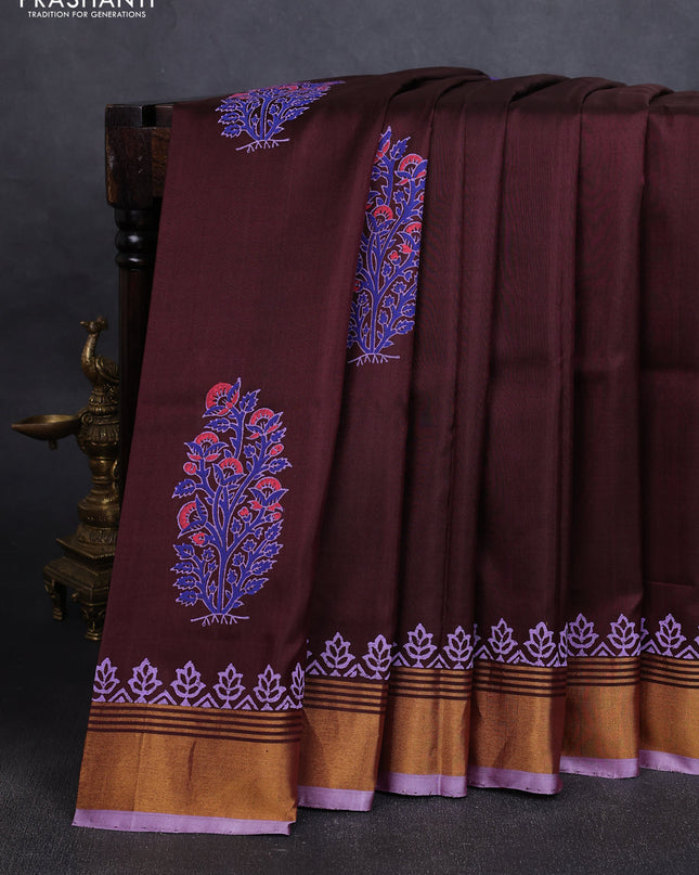 Uppada block printed silk saree coffee brown and lavender with floral butta prints and zari woven border