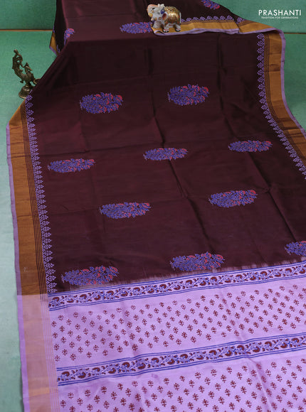 Uppada block printed silk saree coffee brown and lavender with floral butta prints and zari woven border