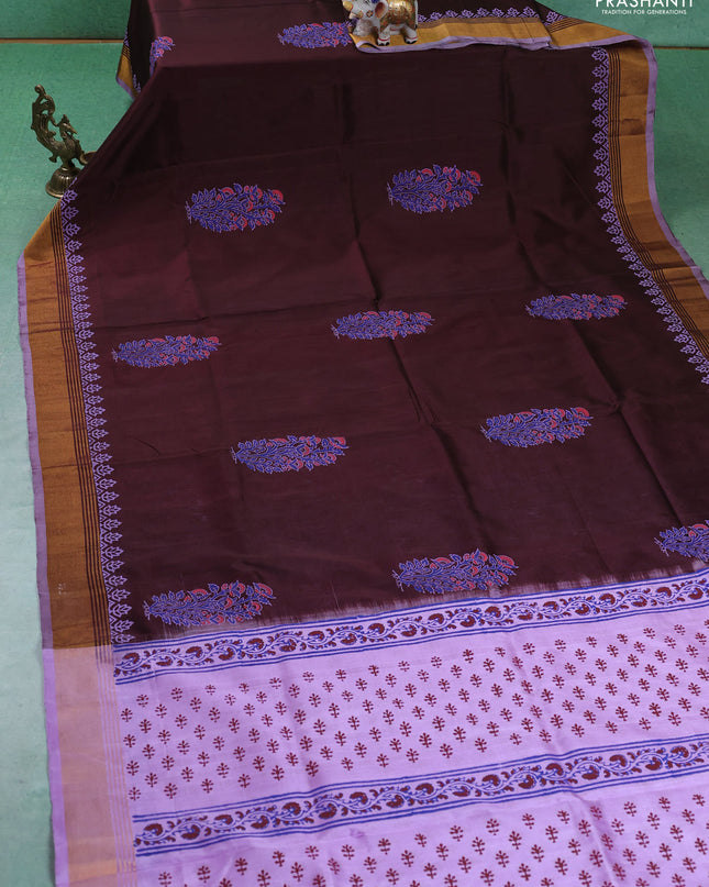 Uppada block printed silk saree coffee brown and lavender with floral butta prints and zari woven border