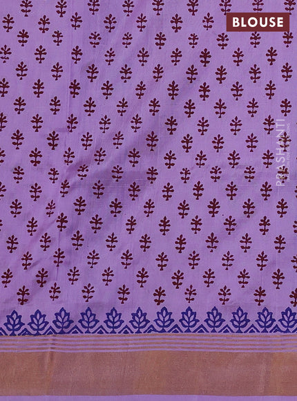 Uppada block printed silk saree coffee brown and lavender with floral butta prints and zari woven border
