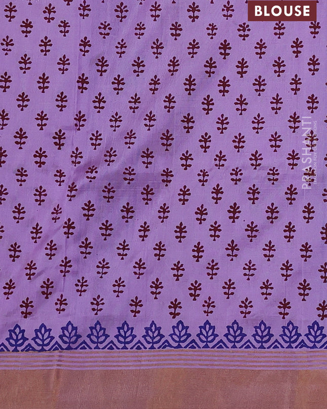 Uppada block printed silk saree coffee brown and lavender with floral butta prints and zari woven border