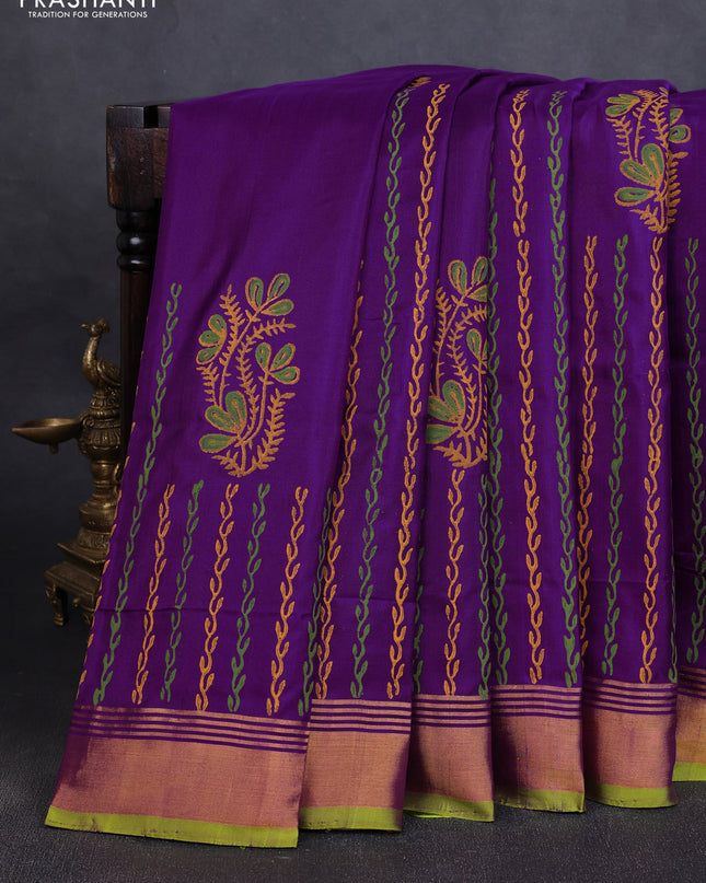 Uppada block printed silk saree purple and light green with butta prints and zari woven border