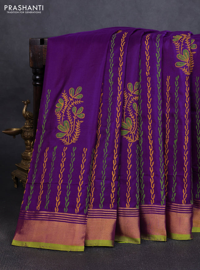 Uppada block printed silk saree purple and light green with butta prints and zari woven border