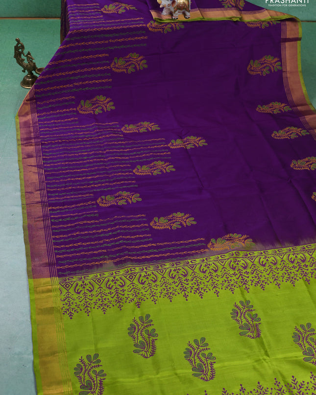 Uppada block printed silk saree purple and light green with butta prints and zari woven border