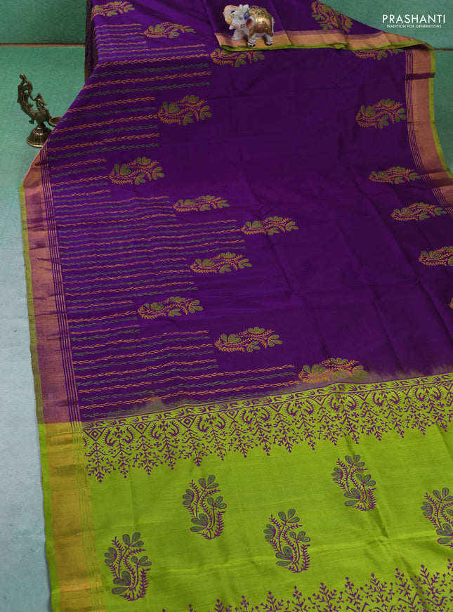 Uppada block printed silk saree purple and light green with butta prints and zari woven border