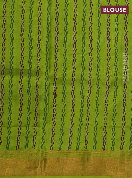 Uppada block printed silk saree purple and light green with butta prints and zari woven border