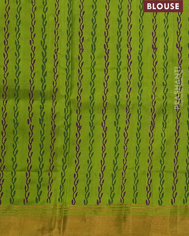 Uppada block printed silk saree purple and light green with butta prints and zari woven border