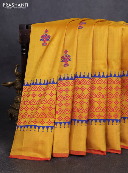 Uppada block printed silk saree mustard yellow and rustic red with butta prints and long printed zari woven border