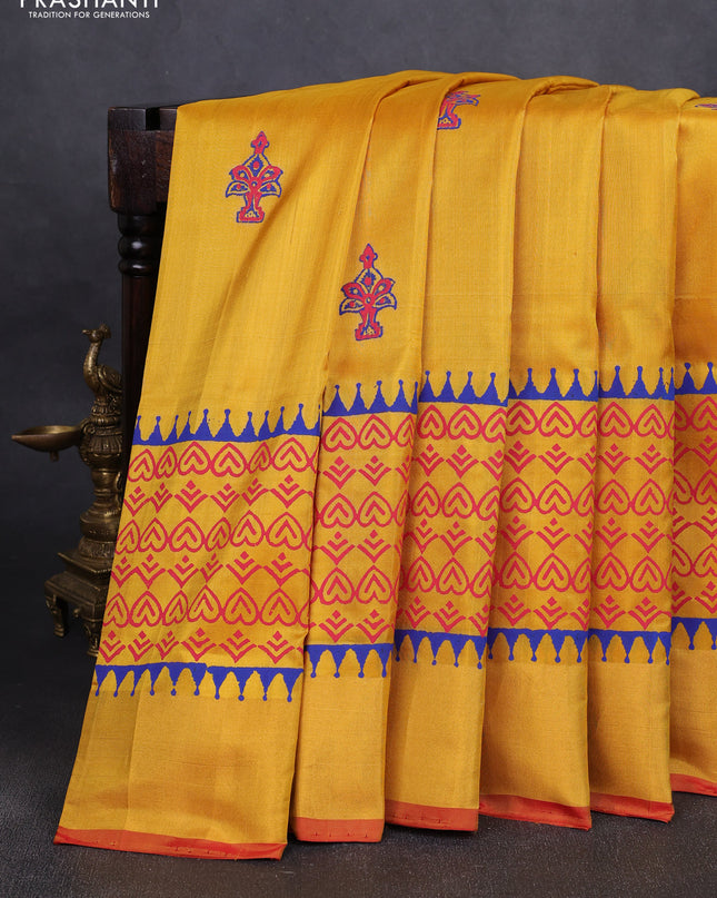 Uppada block printed silk saree mustard yellow and rustic red with butta prints and long printed zari woven border
