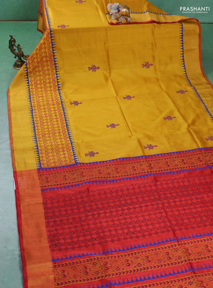 Uppada block printed silk saree mustard yellow and rustic red with butta prints and long printed zari woven border
