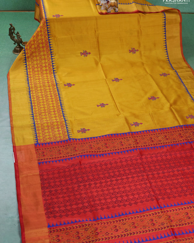 Uppada block printed silk saree mustard yellow and rustic red with butta prints and long printed zari woven border