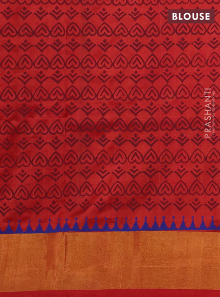 Uppada block printed silk saree mustard yellow and rustic red with butta prints and long printed zari woven border