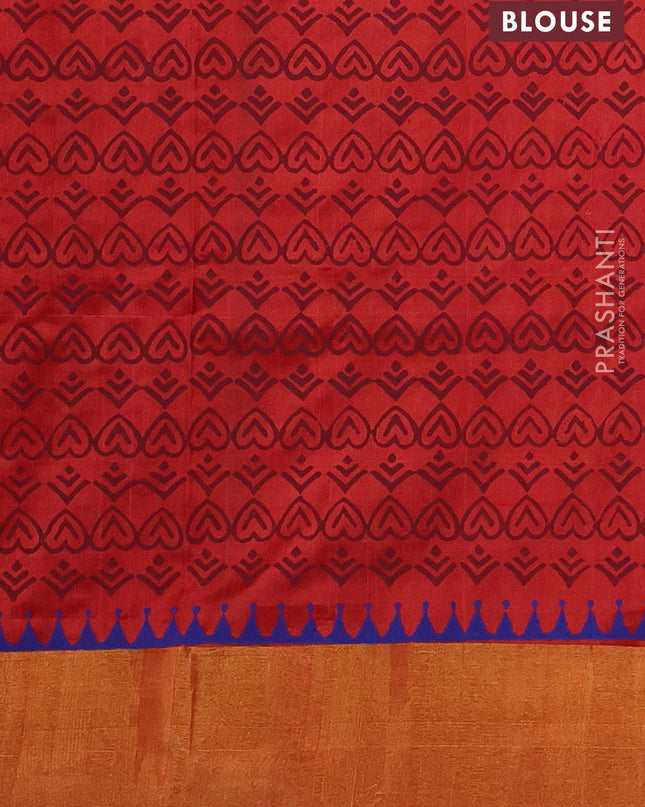 Uppada block printed silk saree mustard yellow and rustic red with butta prints and long printed zari woven border