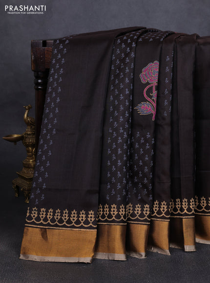 Uppada block printed silk saree deep coffee brown and sandal with allover butta prints and zari woven border