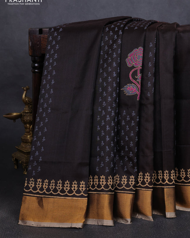 Uppada block printed silk saree deep coffee brown and sandal with allover butta prints and zari woven border