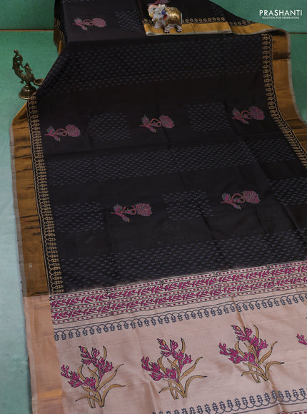Uppada block printed silk saree deep coffee brown and sandal with allover butta prints and zari woven border